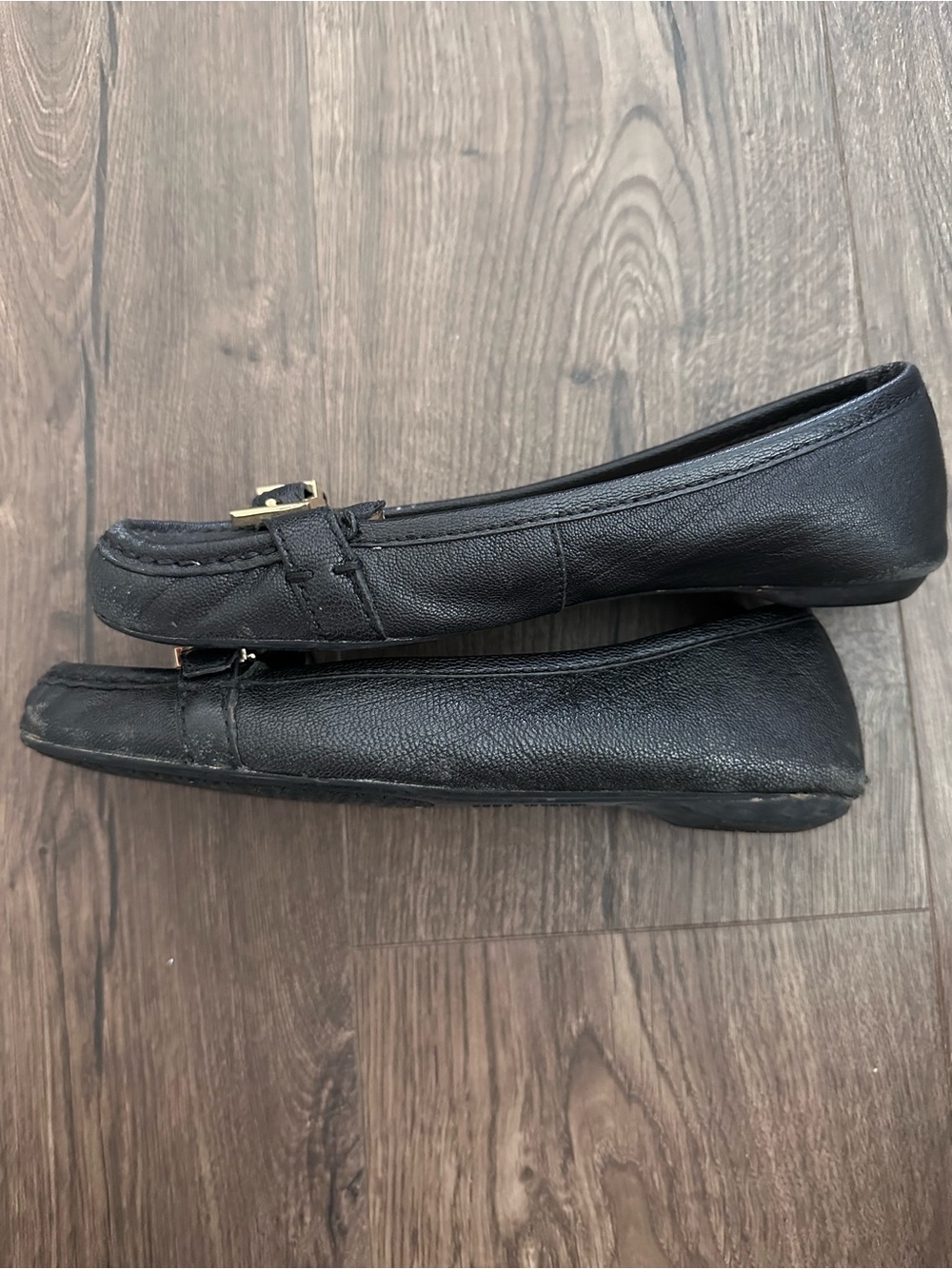Michael Kors Black Leather Loafers with Gold Buckle Detail - Picture 3 of 12